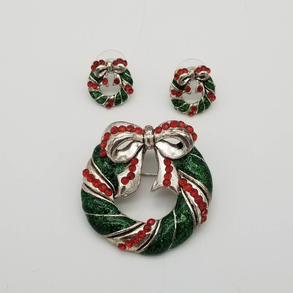 Christmas Wreath Brooch Pendant & Earrings Set - Picture 1 of 8